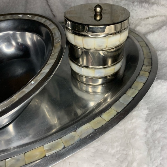 Antique Towle Silversmiths Mother Of Pearl Inlay Serving Tray , Bowl & Container - Picture 5 of 10